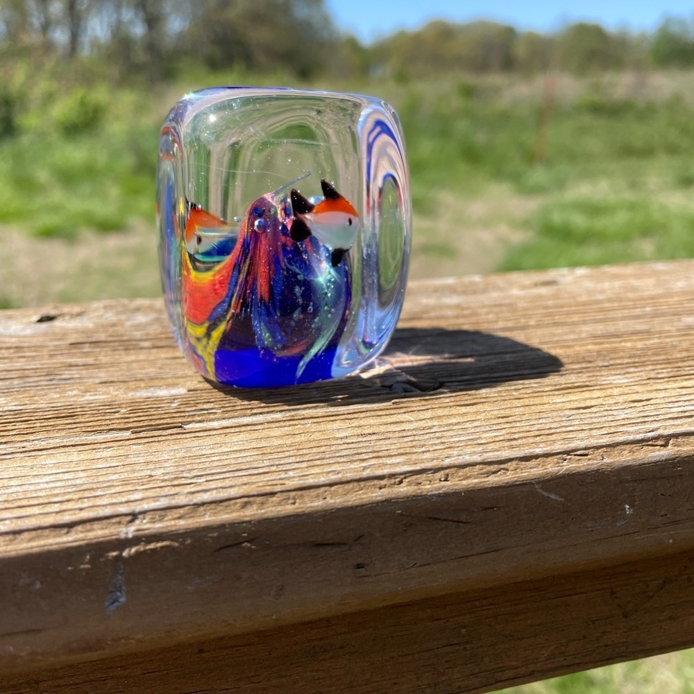 Vintage Block Cube Aquarium Fish Theme Art Glass Paperweight